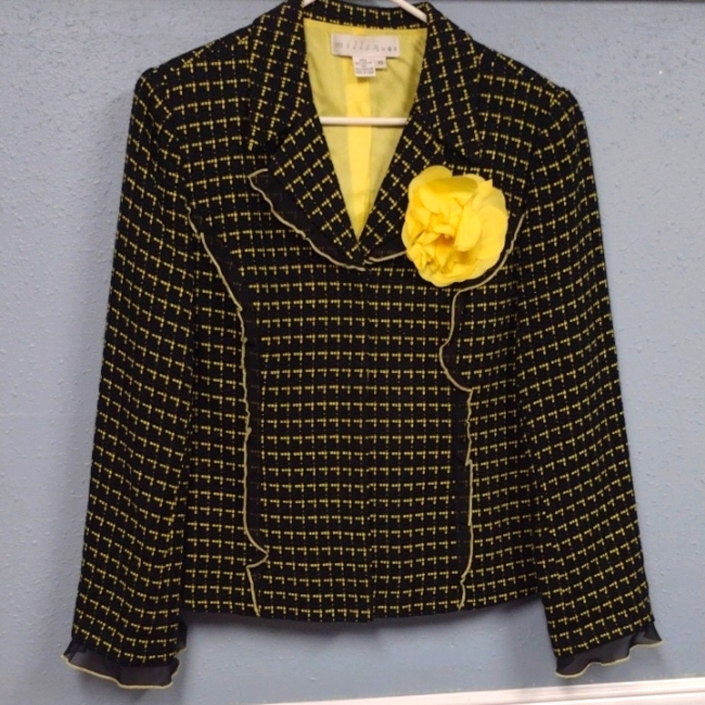 Miller Shor Black and Yellow Houndstooth Blazer with Yellow Accent Size10